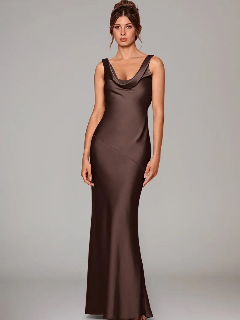Azazie Backless Satin Gown in Chocolate Brown